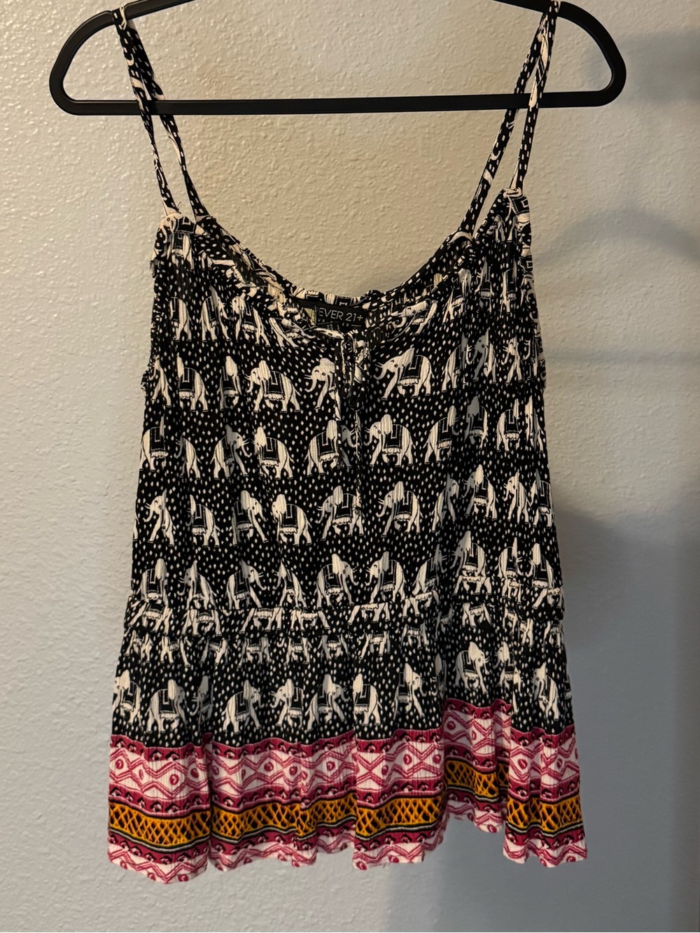 Forever 21 Black & White Elephant-Print Strappy Camisole with Pink & Yellow Hem